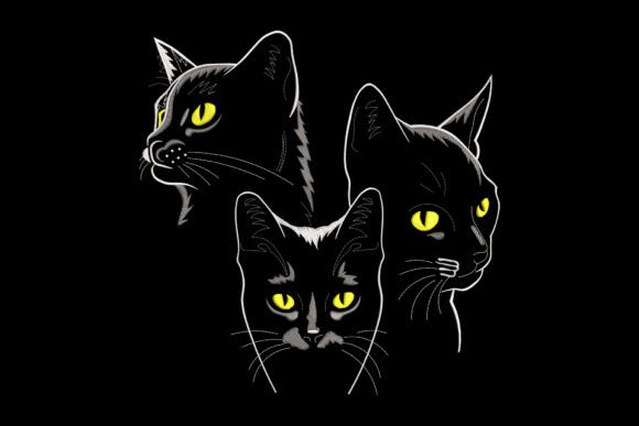 Three Cat Heads with Vibrant Yellow Eyes